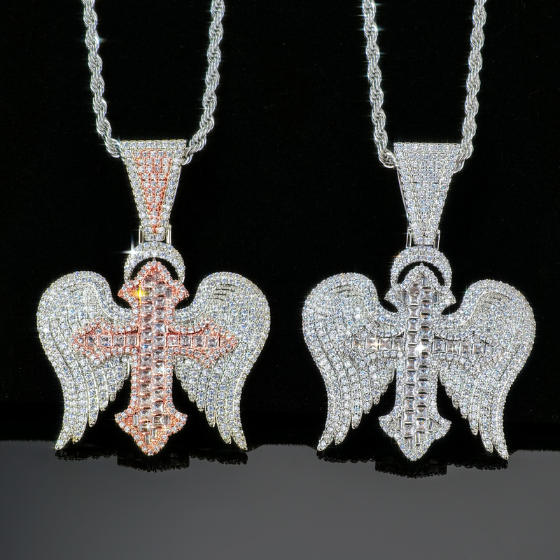 Iced Out Princess Cut Cross with Angle Wings Pendant