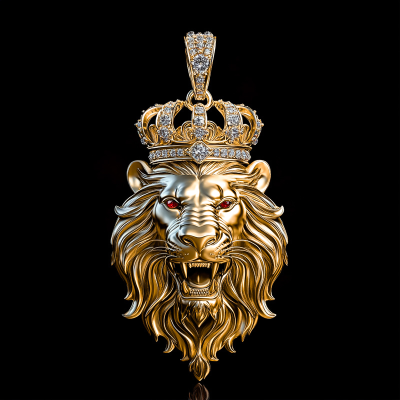 Roaring Lion with Crown Pendant in Gold