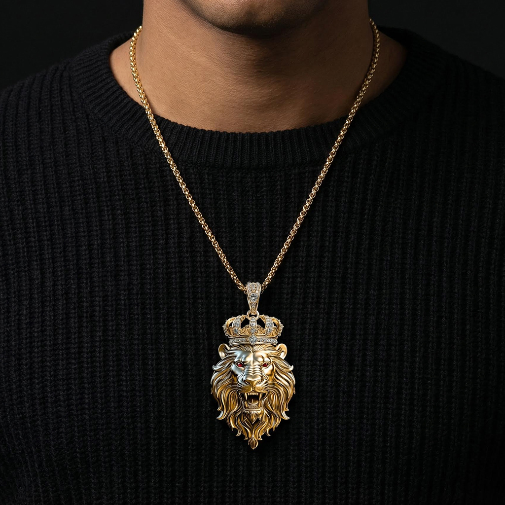 Roaring Lion with Crown Pendant in Gold