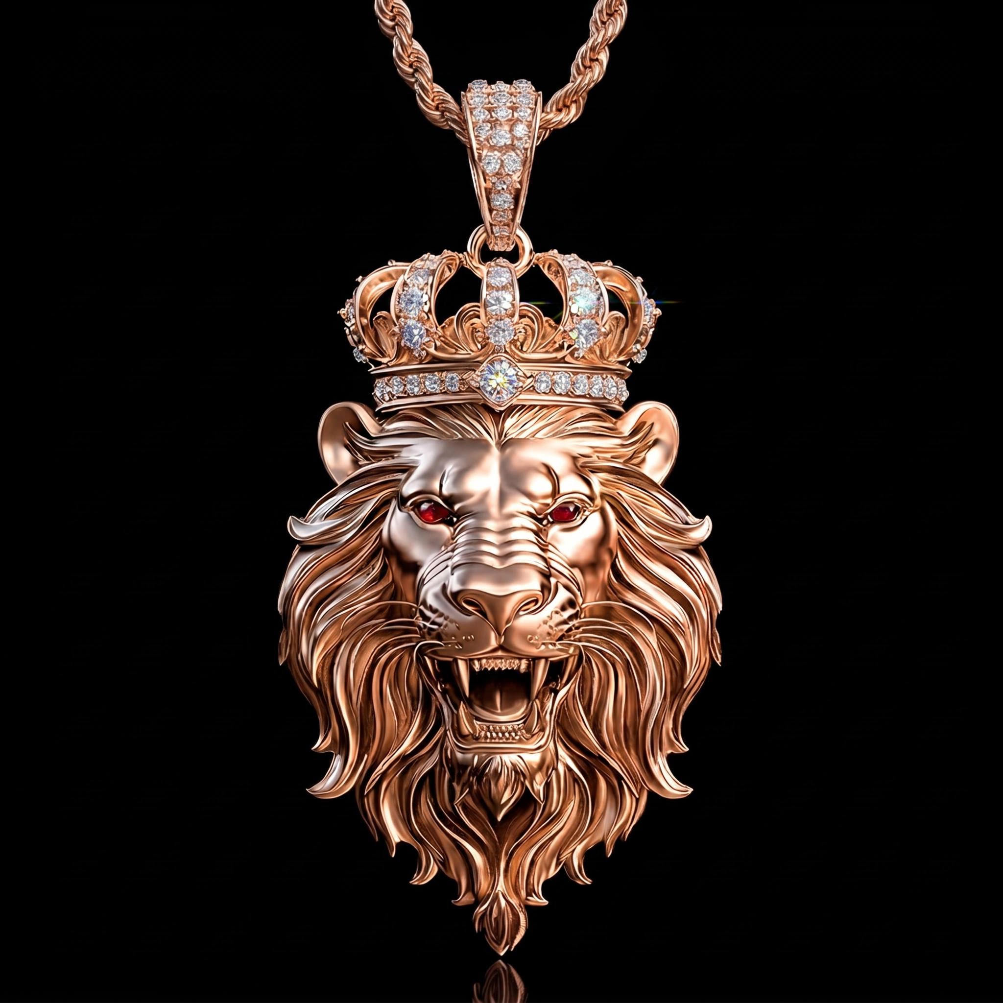 Roaring Lion with Crown Pendant in Gold