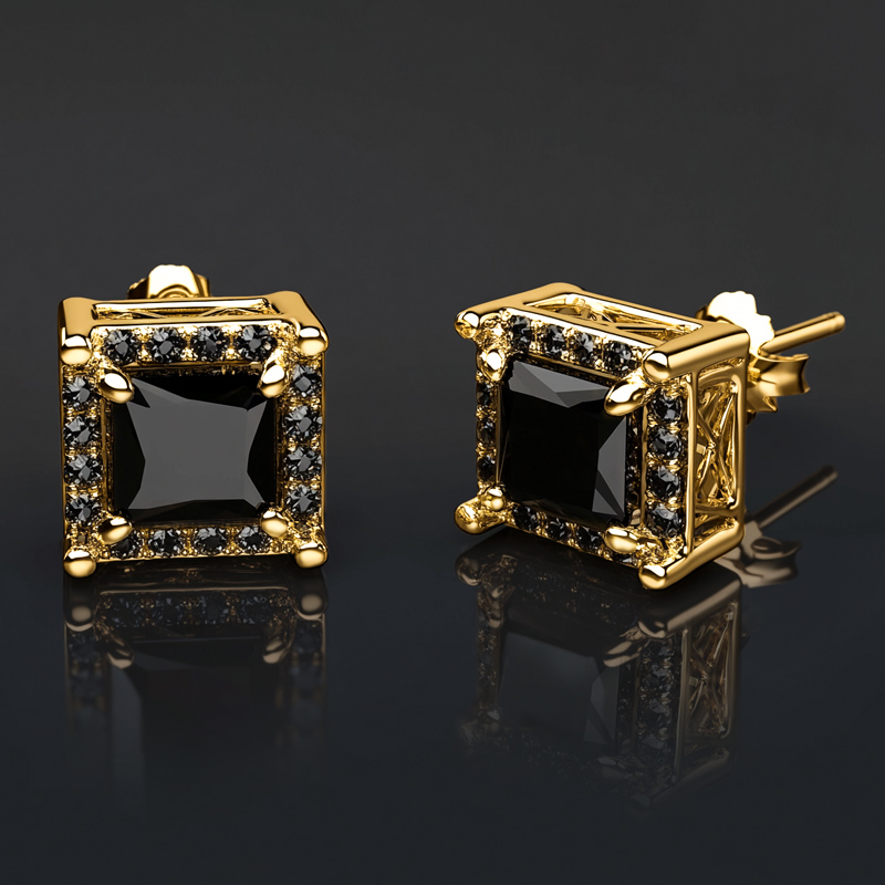 Black Stone Radiant Cut Halo  Stud Earrings