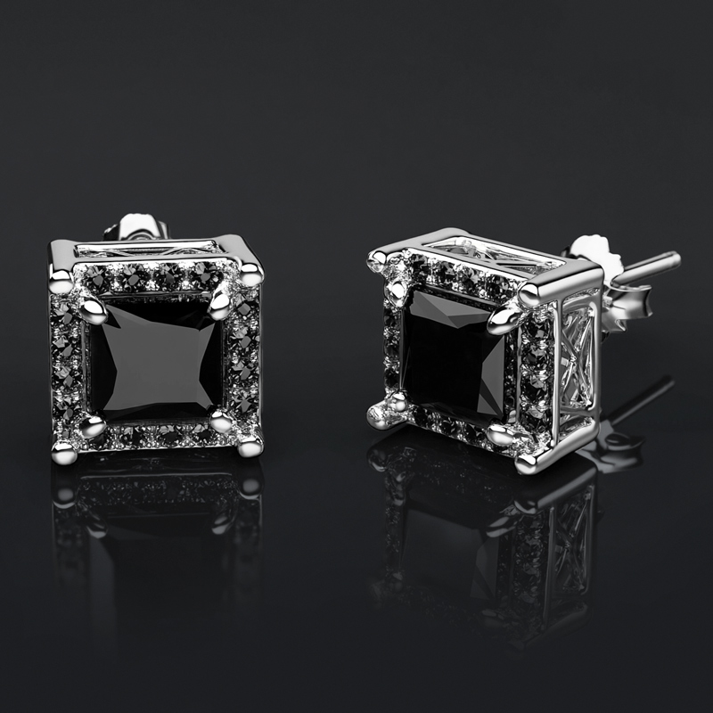 Black Stone Radiant Cut Halo  Stud Earrings