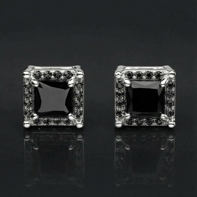 Black Stone Radiant Cut Halo  Stud Earrings