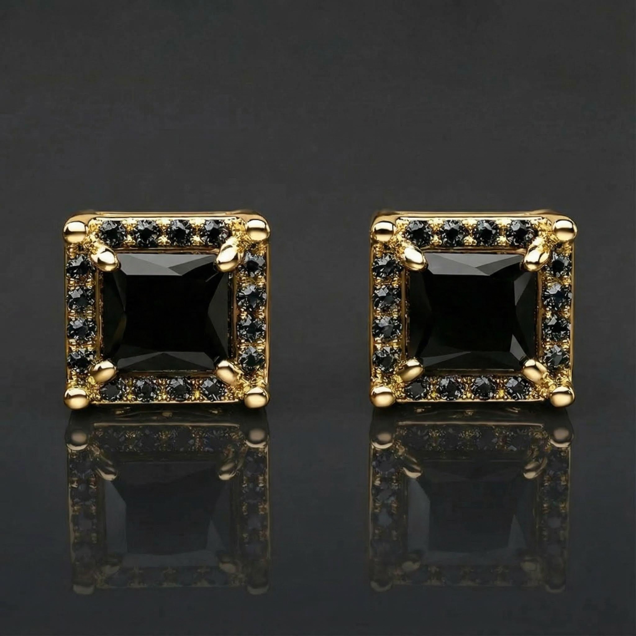 Black Stone Radiant Cut Halo  Stud Earrings