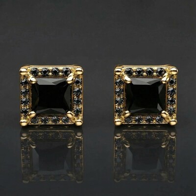 Black Stone Radiant Cut Halo  Stud Earrings