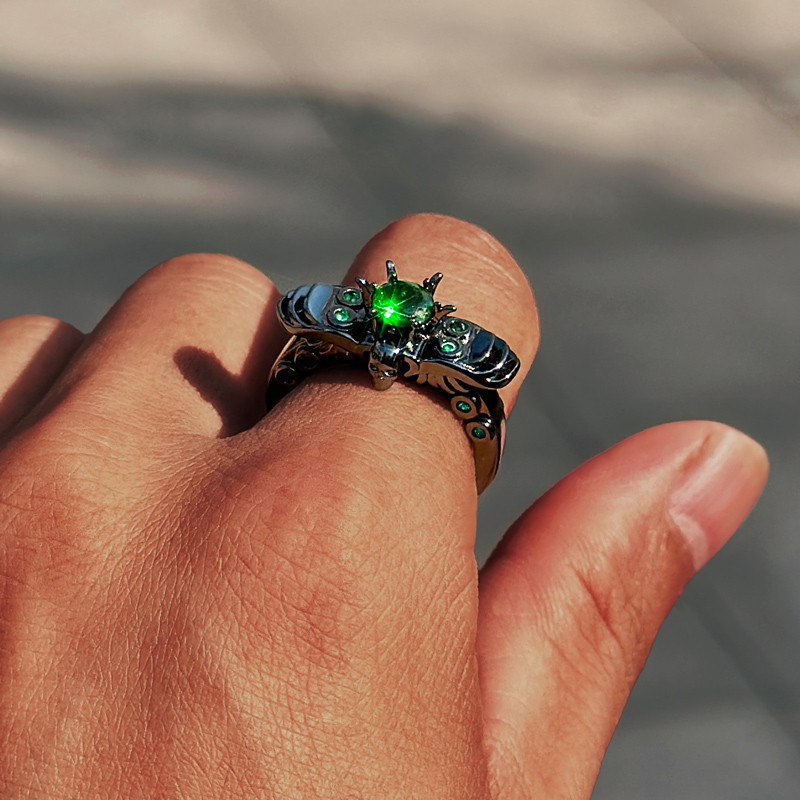 Iced Skull Bee Emerald Ring