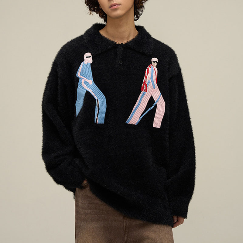 Unisex Vintage Embroidered Lapel Sweater