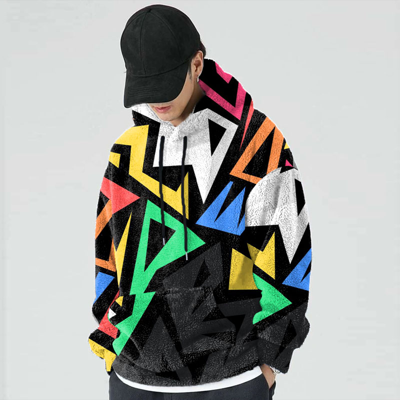 Colorblocked Geometric Graffiti Flannel Hoodie