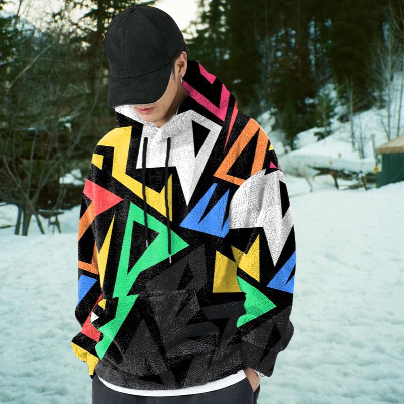 Colorblocked Geometric Graffiti Flannel Hoodie