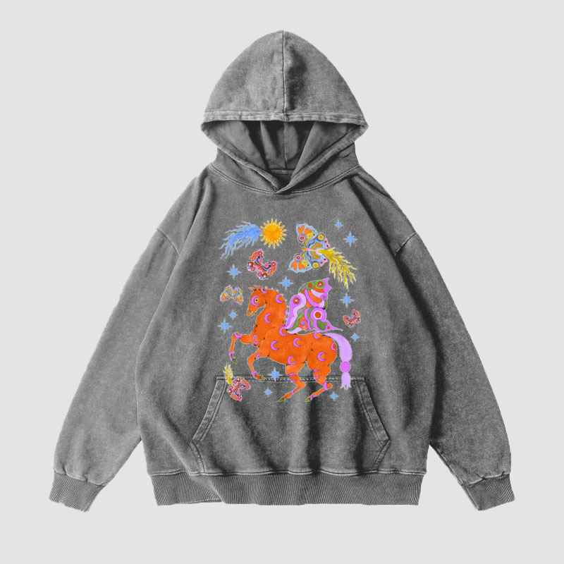 Art Animal Graffiti Washed and Aged Hoodie