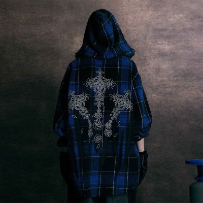 Gothic Cross Print Hooded Plaid Shirt