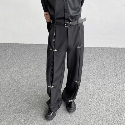 Deconstructed Patchwork Leather Casual Pants with Metal Button