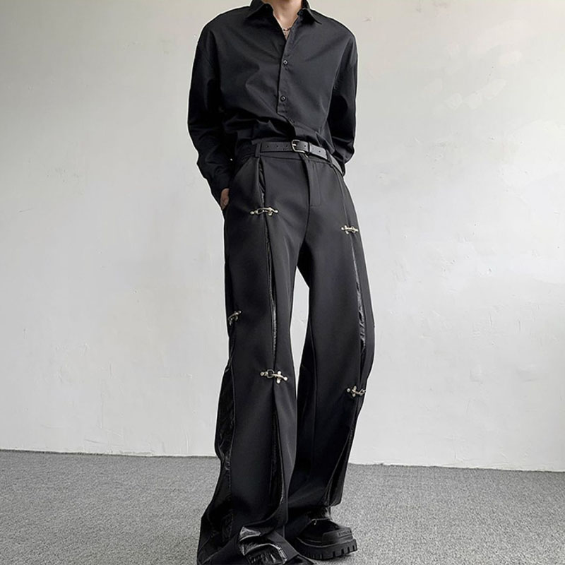 Deconstructed Patchwork Leather Casual Pants with Metal Button