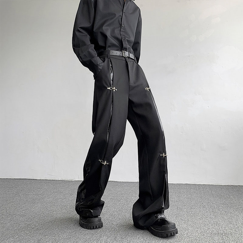 Deconstructed Patchwork Leather Casual Pants with Metal Button