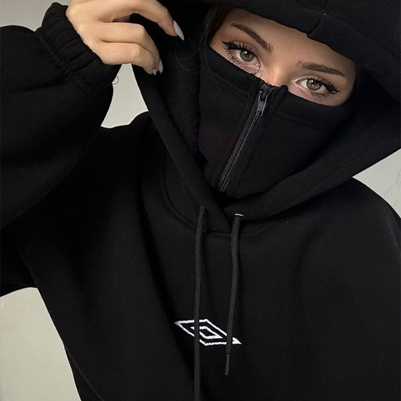 Punk Geometric Embroidered Double Hooded Half Zip Hoodie