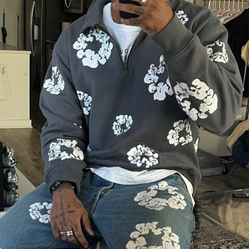 Hip Hop Floral Print Half Zip Sweatshirt