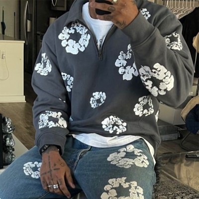 Hip Hop Floral Print Half Zip Sweatshirt