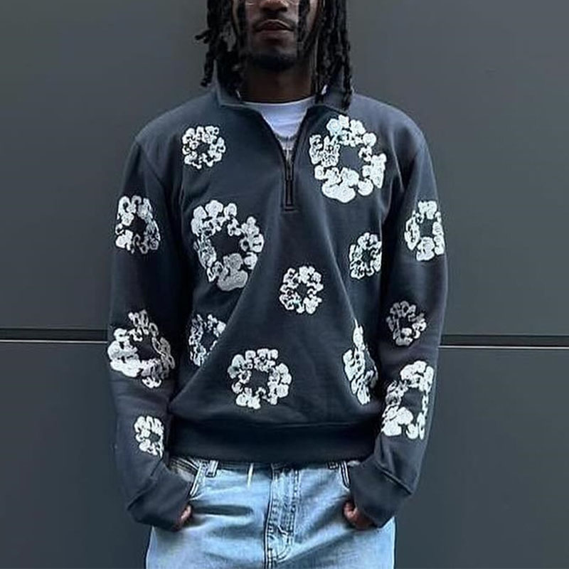 Hip Hop Floral Print Half Zip Sweatshirt