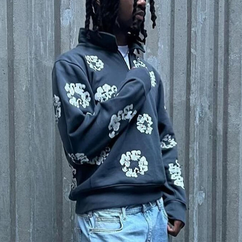 Hip Hop Floral Print Half Zip Sweatshirt