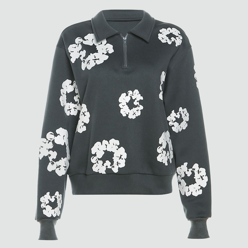 Hip Hop Floral Print Half Zip Sweatshirt