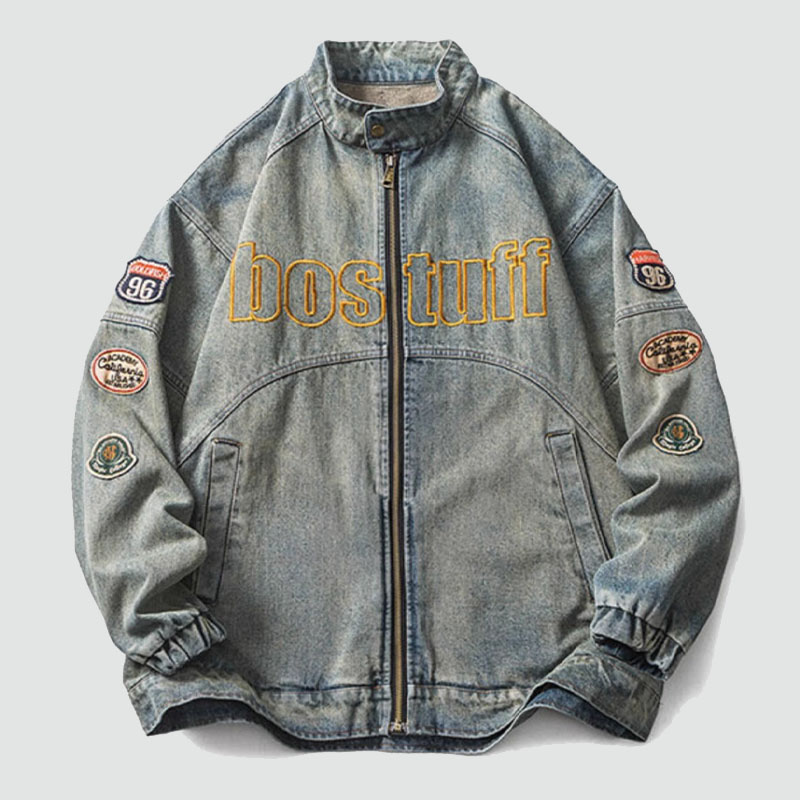 Vintage Zipper Embroidered Denim Harrington Jacket