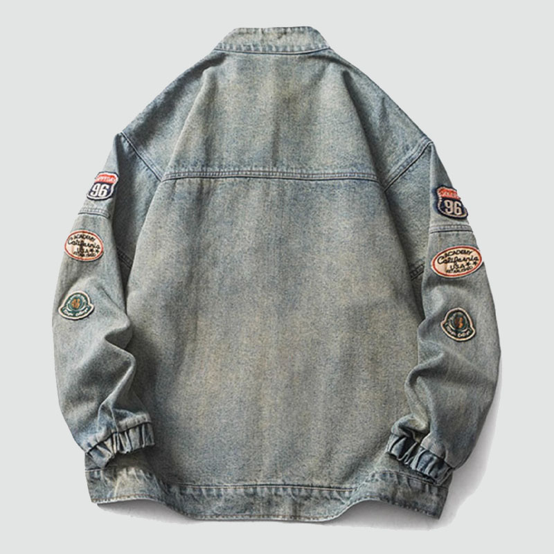 Vintage Zipper Embroidered Denim Harrington Jacket