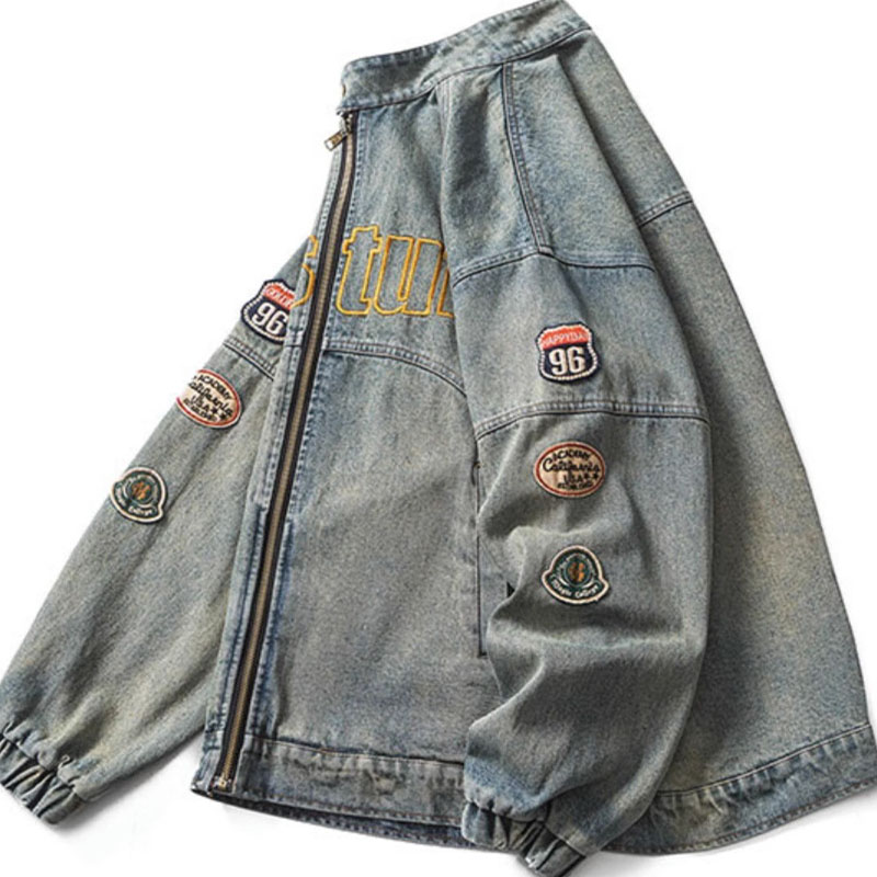 Vintage Zipper Embroidered Denim Harrington Jacket