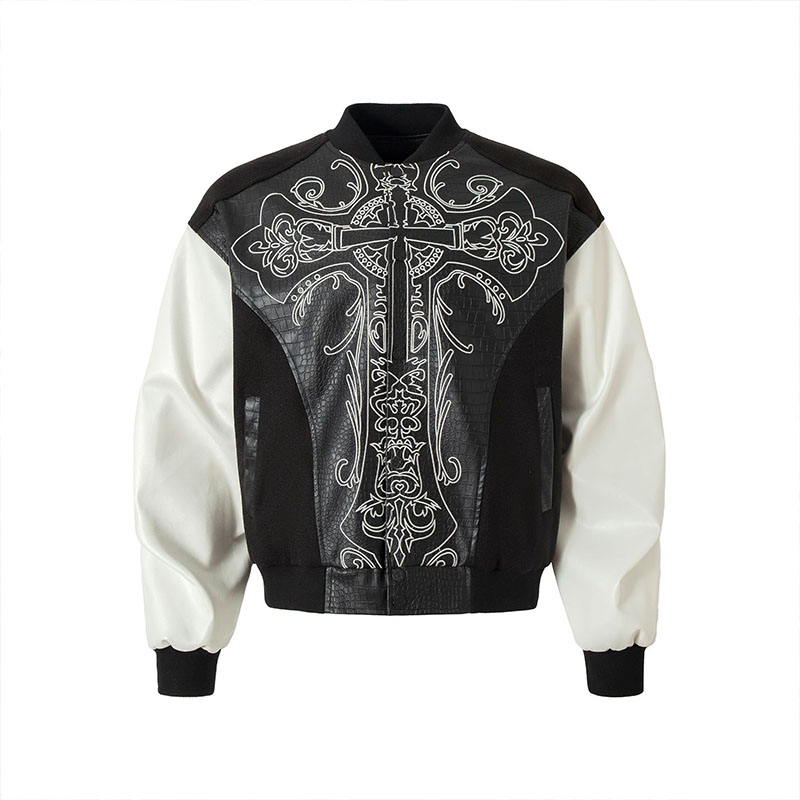 Vintage Cross Embroidered Leather Jacket