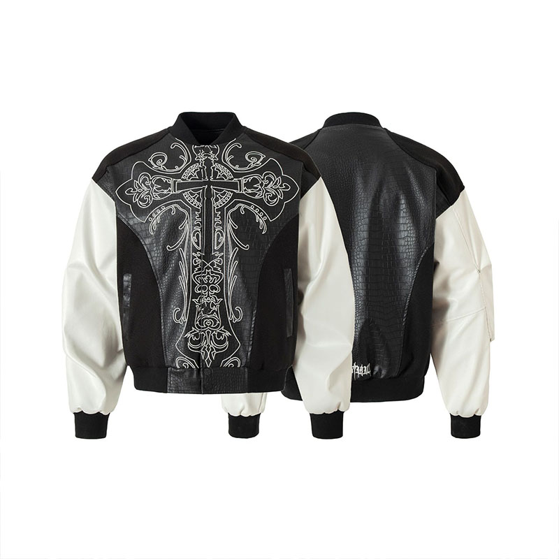 Vintage Cross Embroidered Baseball Leather Jacket