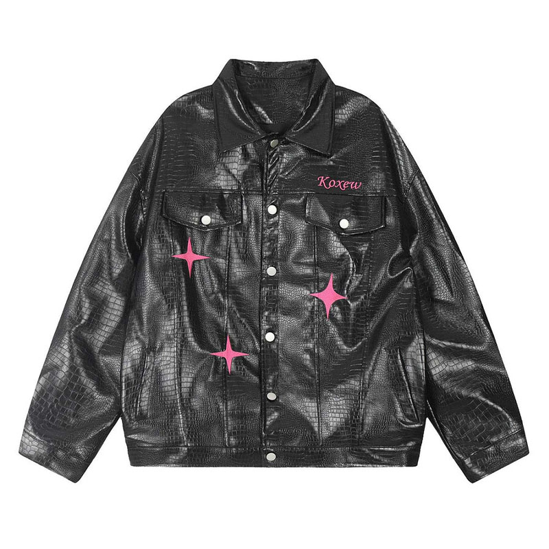 Star Embroidered PU Leather Jacket