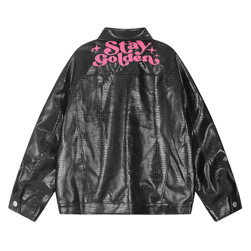 Star Embroidered PU Leather Jacket