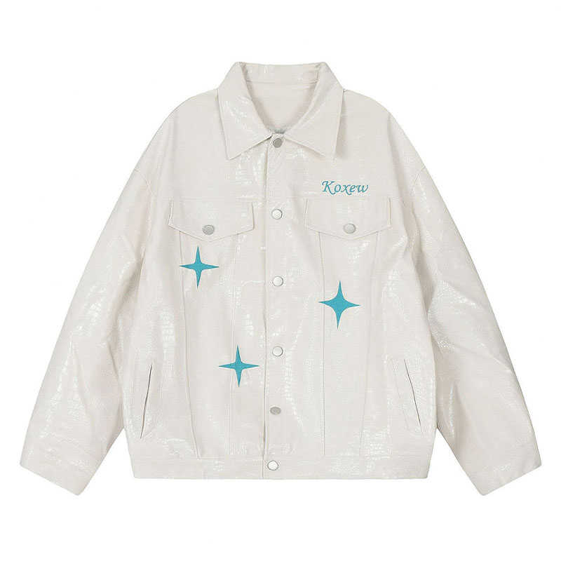 Star Embroidered PU Leather Jacket