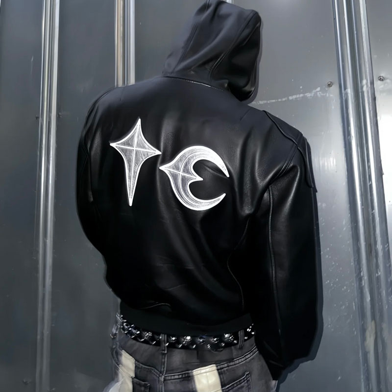 Star and Moon Embroidered Zipper Padded Leather Jacket