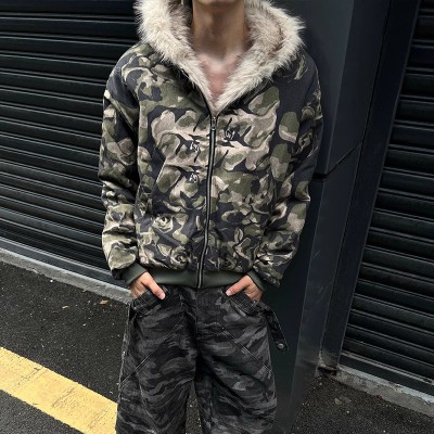 Camouflage Plush Patchwork Hooded Jacket