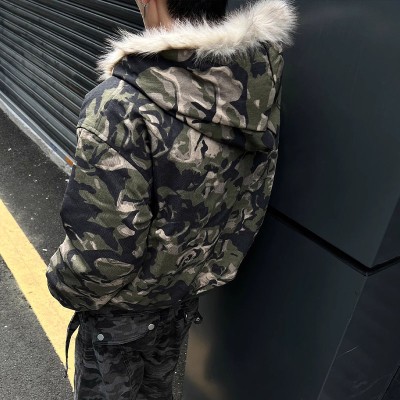 Camouflage Plush Patchwork Hooded Jacket