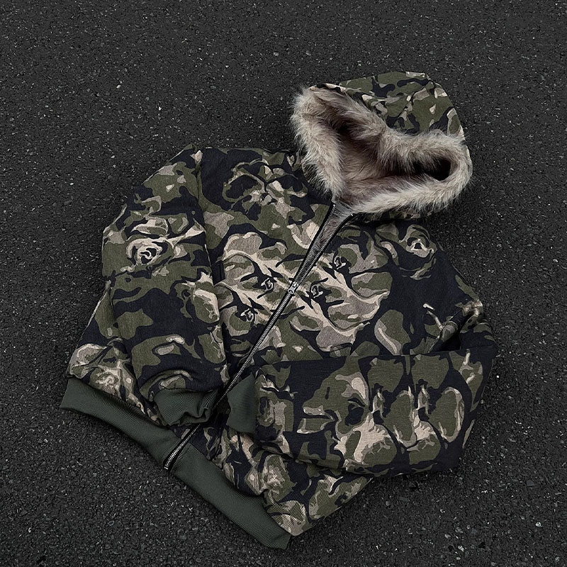 Camouflage Plush Patchwork Hooded Jacket