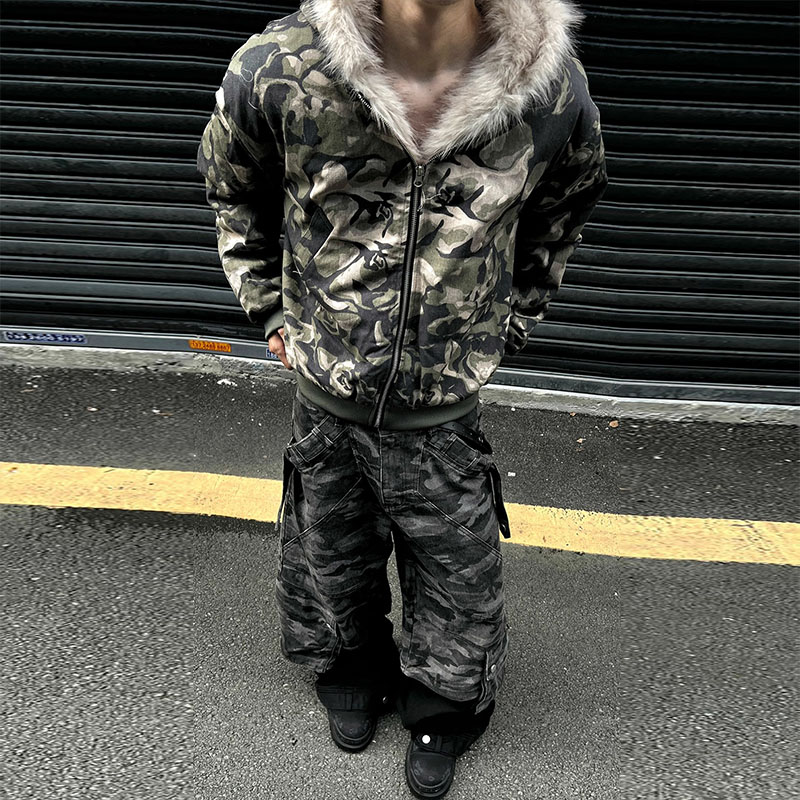 Camouflage Plush Patchwork Hooded Jacket