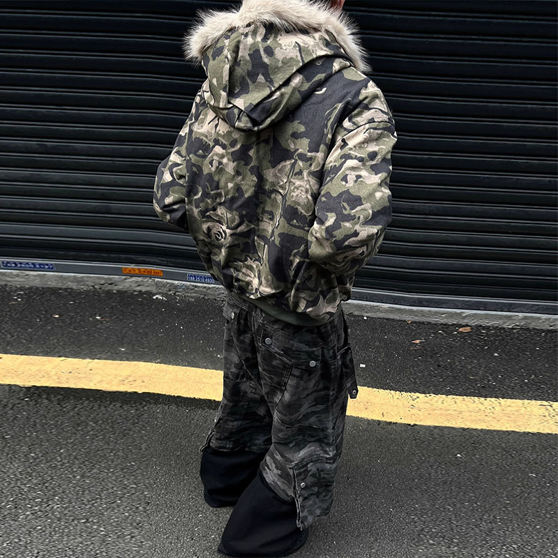 Camouflage Plush Patchwork Hooded Jacket