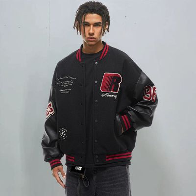 Badge Patchwork Colorblocked Baseball Leather Jacket