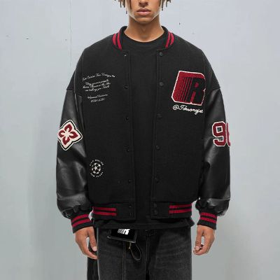 Badge Patchwork Colorblocked Baseball Jacket