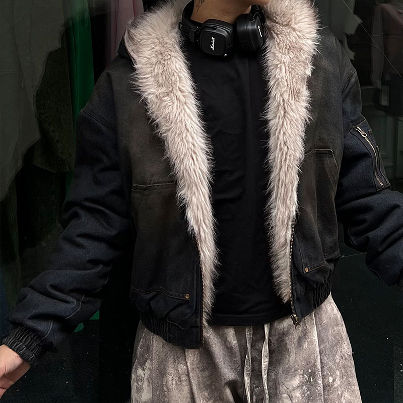 Washed Denim Fur Hooded Jacket