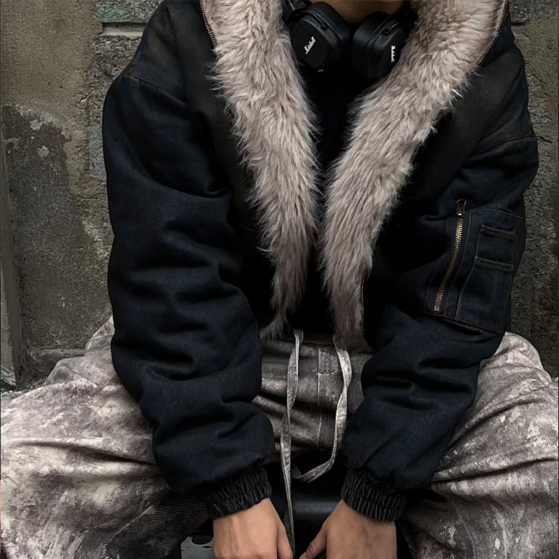 Washed Denim Fur Hooded Jacket