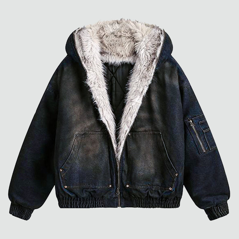 Washed Denim Fur Hooded Jacket