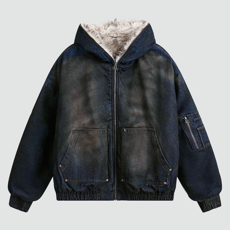 Washed Denim Fur Hooded Jacket