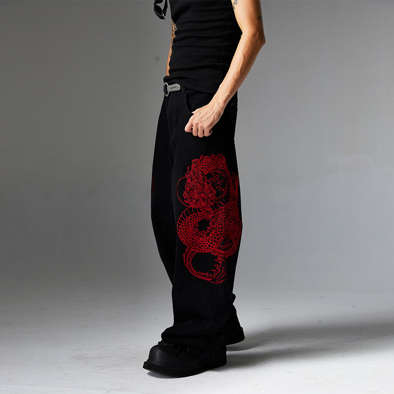 Vintage Dragon Embroidered Straight Leg Jeans