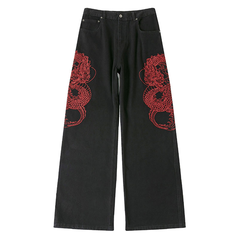 Vintage Dragon Embroidered Straight Leg Jeans