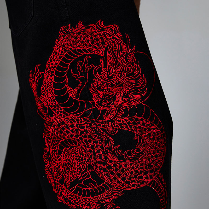 Vintage Dragon Embroidered Straight Leg Jeans