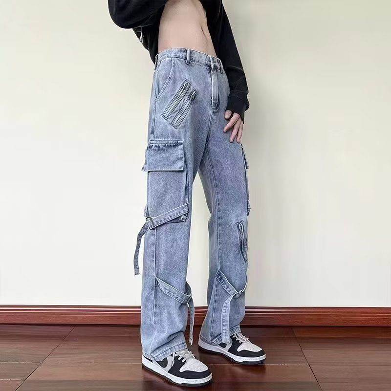 Functional Style Zipper Strap Jeans