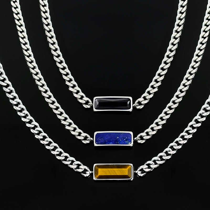 5mm Natural Stone Stainless Steel Cuban Chain - Yellow Tiger Eye/Lapis Lazuli/Black Cubic Zirconia