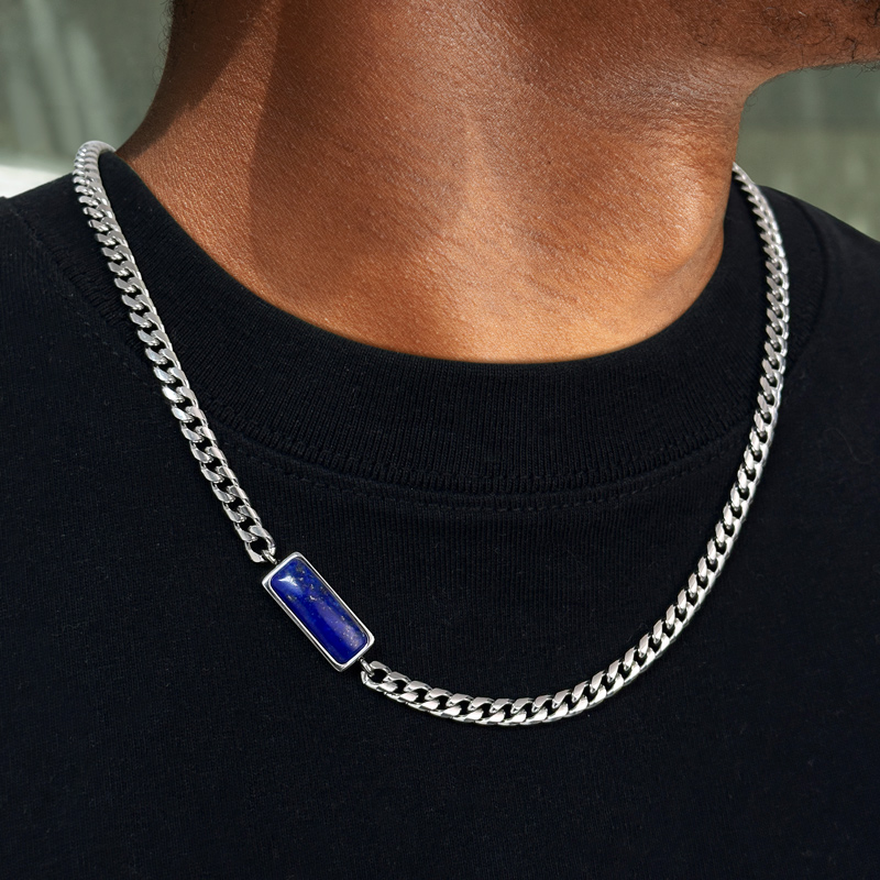 5mm Natural Stone Stainless Steel Cuban Chain - Yellow Tiger Eye/Lapis Lazuli/Black Cubic Zirconia